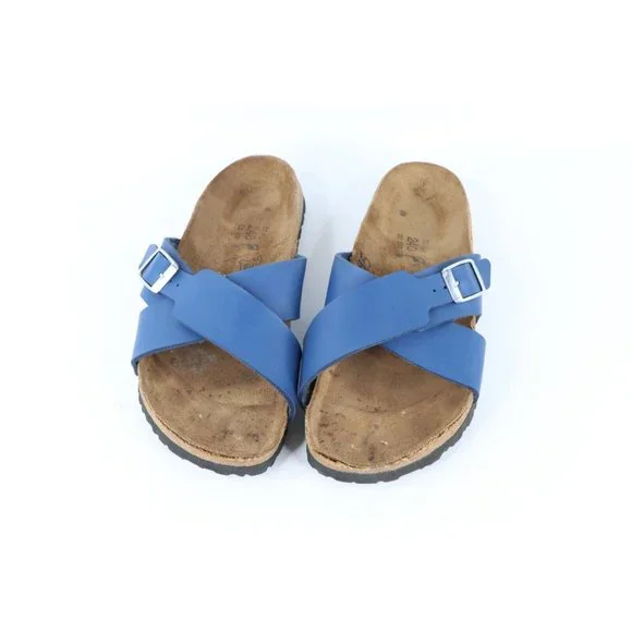 Vintage Birkis Birkenstock Womens 6 Distressed Leather Cross Strap Sandals Blue - Picture 2 of 10